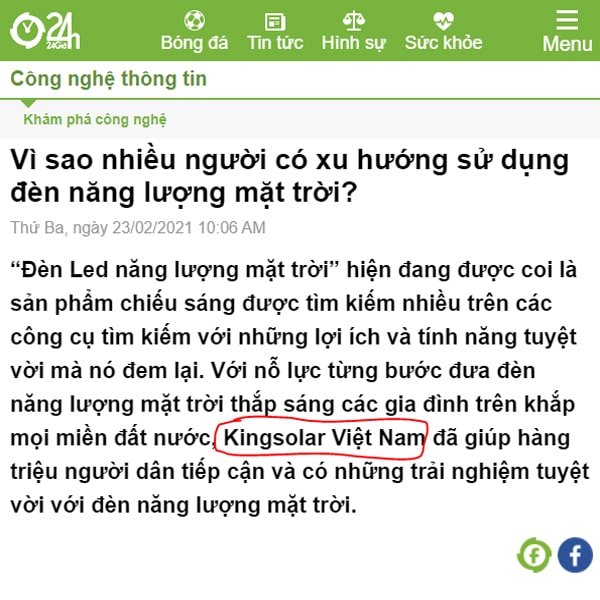 Kingsolar Việt Nam - Giúp hàng triệu người dân trải nghiệm đèn năng lượng mặt trời-trên báo 24h.com.vn